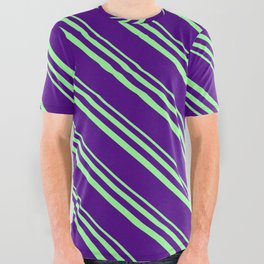 [ Thumbnail: Green and Indigo Colored Lined/Striped Pattern All Over Graphic Tee ]
