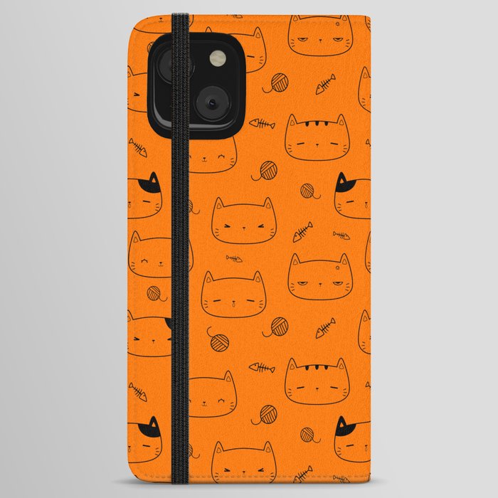 Orange and Black Doodle Kitten Faces Pattern iPhone Wallet Case