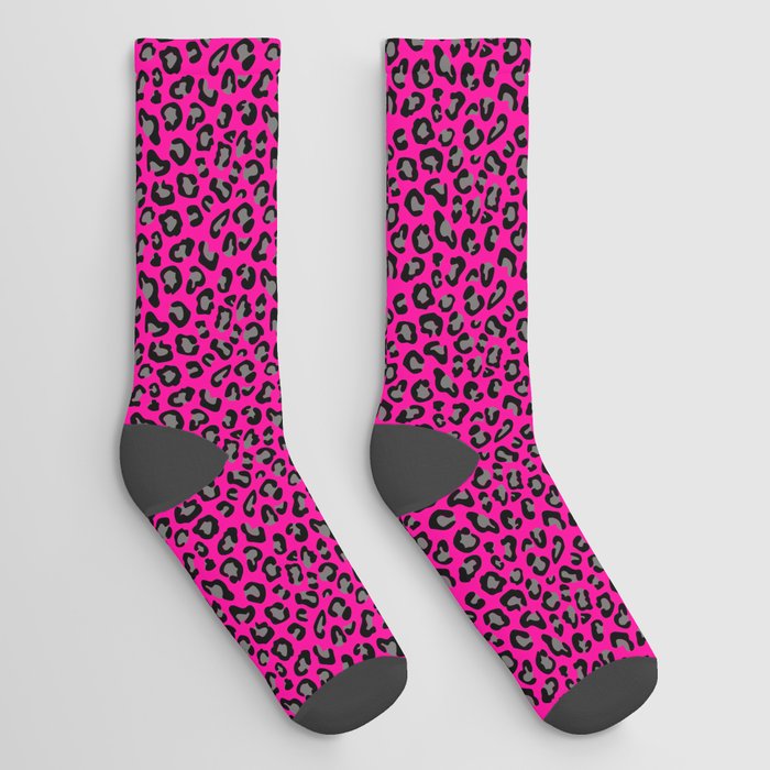 Leopard Print Black and Grey on Pink Socks