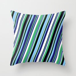 [ Thumbnail: Eyecatching White, Sea Green, Black, Light Sky Blue, and Midnight Blue Colored Stripes Pattern Throw Pillow ]