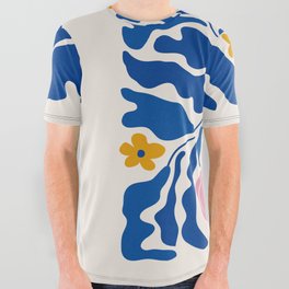 Summer Bloom: Electric Blue Leaves & Golden Poppies All Over Graphic Tee
