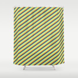 [ Thumbnail: Tan, Goldenrod, Dark Slate Blue, and Light Green Colored Pattern of Stripes Shower Curtain ]