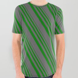 [ Thumbnail: Green & Dim Grey Colored Stripes/Lines Pattern All Over Graphic Tee ]