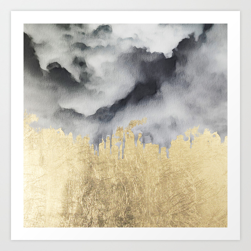 Watercolor Black White Faux Gold Abstract Clouds Art Print By