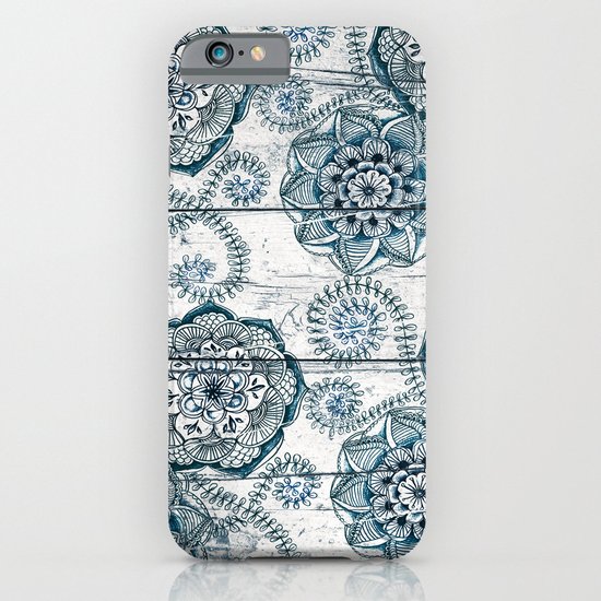 Navy Blue Floral Doodles on Wood iPhone & iPod Case