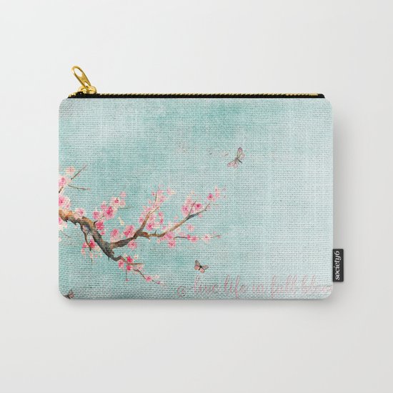 Live life in full bloom - Romantic Spring Cherryblossom butterfly Watercolor illustration on aqua Carry-All Pouch