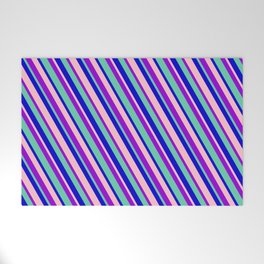 [ Thumbnail: Dark Violet, Aquamarine, Blue & Pink Colored Lines Pattern Welcome Mat ]