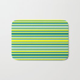 [ Thumbnail: Yellow, Teal, and Light Blue Colored Stripes Pattern Bath Mat ]