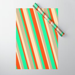 [ Thumbnail: Tan, Beige, Red & Green Colored Striped Pattern Wrapping Paper ]