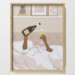 Black woman in bed with bottle of champagne Serving Tray