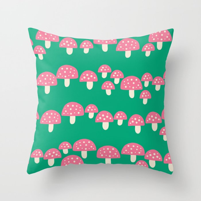 Toadstool Mushrooms Pink and Green Throw Pillow