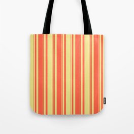 [ Thumbnail: Tan and Red Colored Stripes/Lines Pattern Tote Bag ]