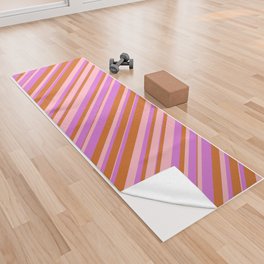 [ Thumbnail: Chocolate, Orchid & Light Pink Colored Lined/Striped Pattern Yoga Towel ]