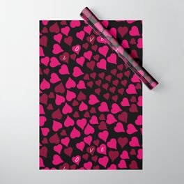 Abstract Hot Pink Hearts on Black Wrapping Paper