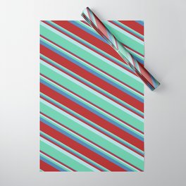 [ Thumbnail: Powder Blue, Aquamarine, Blue, and Red Colored Lined/Striped Pattern Wrapping Paper ]