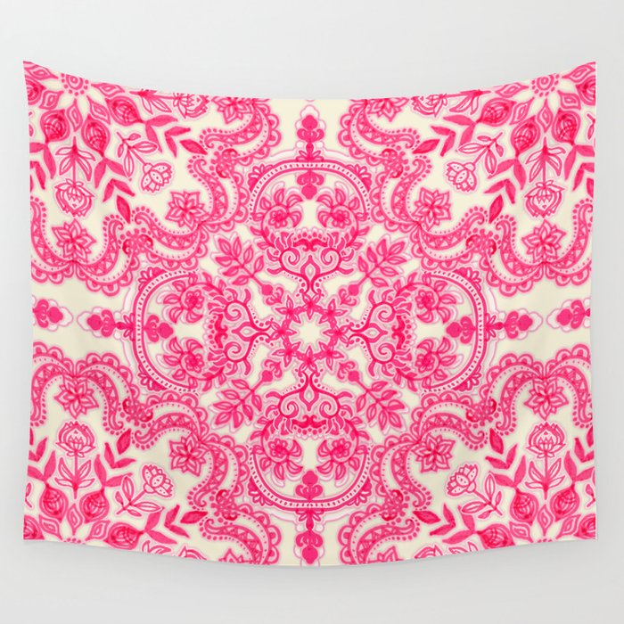 Hot Pink & Soft Cream Folk Art Pattern Wall Tapestry