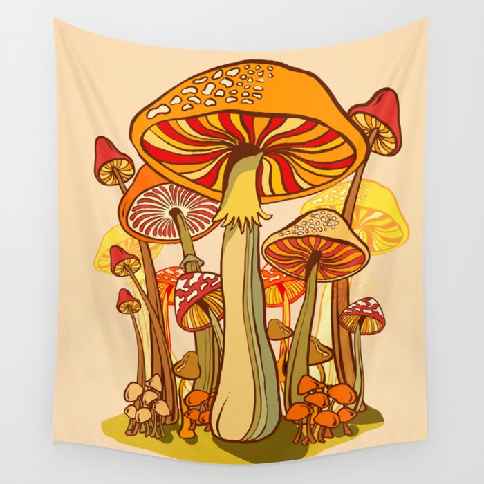 Mushroom 70s madness, orange, red, hippie, boho, midcentury Wall Tapestry