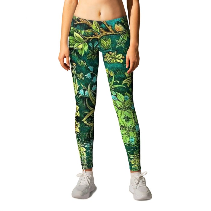 Tree of Life reflecting water of garden lily pond emerald twilight rainforest river nature landscape painting Leggings