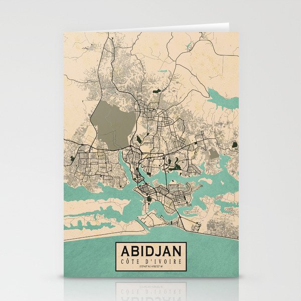 Abidjan City Map of Côte d'Ivoire - Vintage Stationery Cards