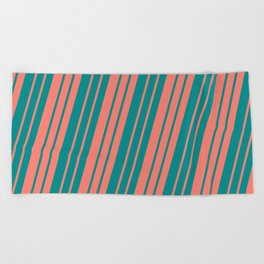 [ Thumbnail: Salmon and Dark Cyan Colored Lined/Striped Pattern Beach Towel ]