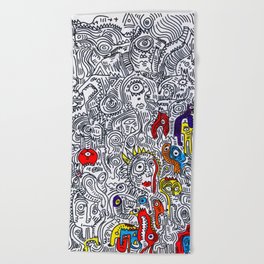 Pattern Doddle Hand Drawn  Black and White Colors Street Art Beach Towel