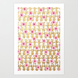 Hugging Bloom Art Print | Floral, Pretty, Golden, Vintage, Flower, Elegant, Modern, Pinkflowers, Beige, Romantic 