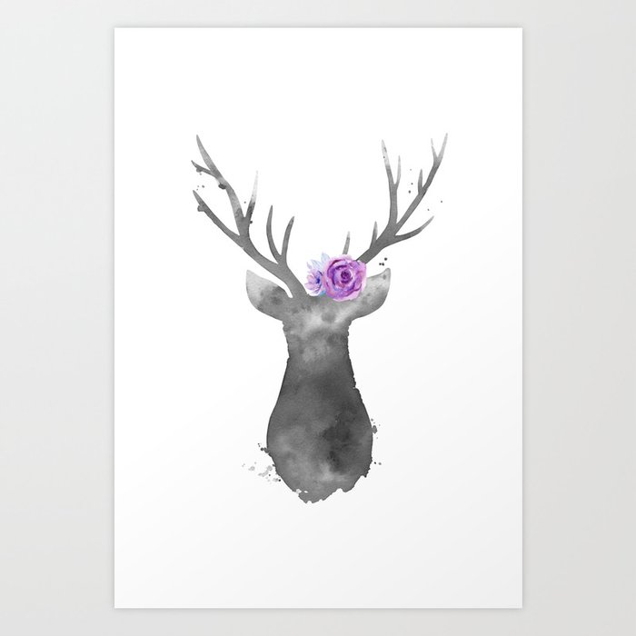 Discover the motif GREY DEER WITH FLOWERS ON THE HEAD by Art by ASolo as a print at TOPPOSTER