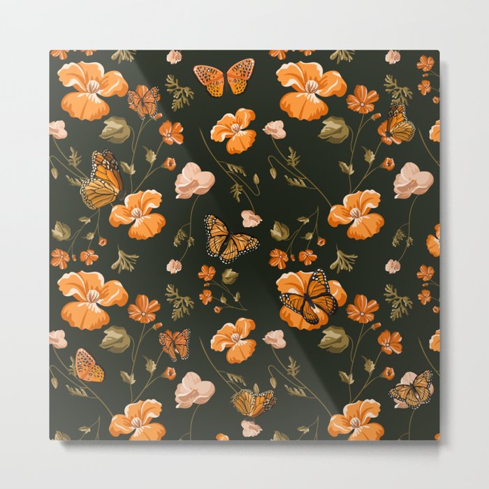 Monarch Butterflies and Orange Poppies Metal Print