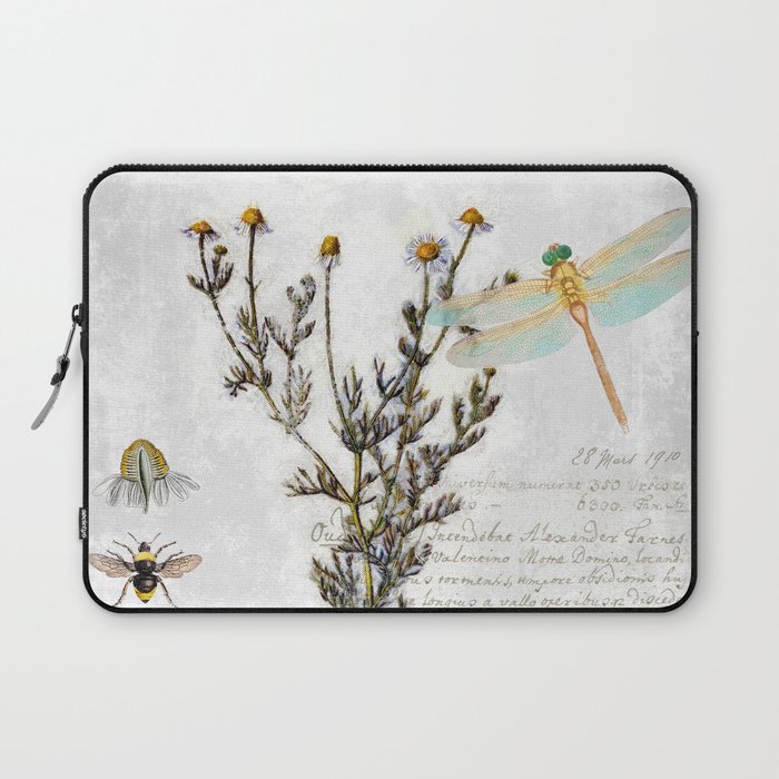 Chamomile Herb, Dragonfly Bumble Bee Botanical painting, Cottage style Laptop Sleeve