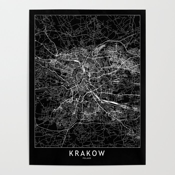 Krakow Black Map Poster