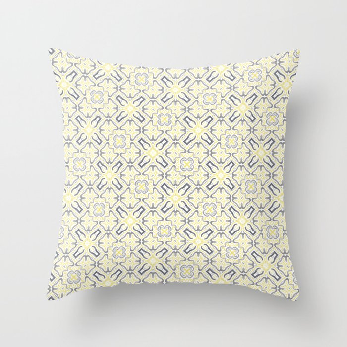Yellow and Grey Ornate Filigree Tapestry Pattern Throw Pillow