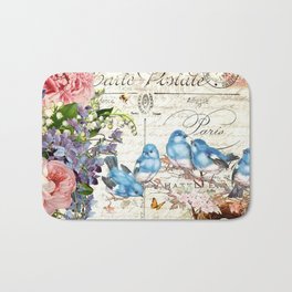 Vintage Postcard with Bluebirds Badematte | Lily, Birdnest, Bluebirds, Violets, Figurative, Blue, Bee, Stamp, Peony, Dragonfly 