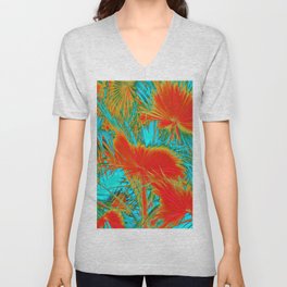 closeup palm leaf texture abstract background in orange blue green V Neck T Shirt