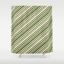 [ Thumbnail: Beige & Dark Olive Green Colored Pattern of Stripes Shower Curtain ]