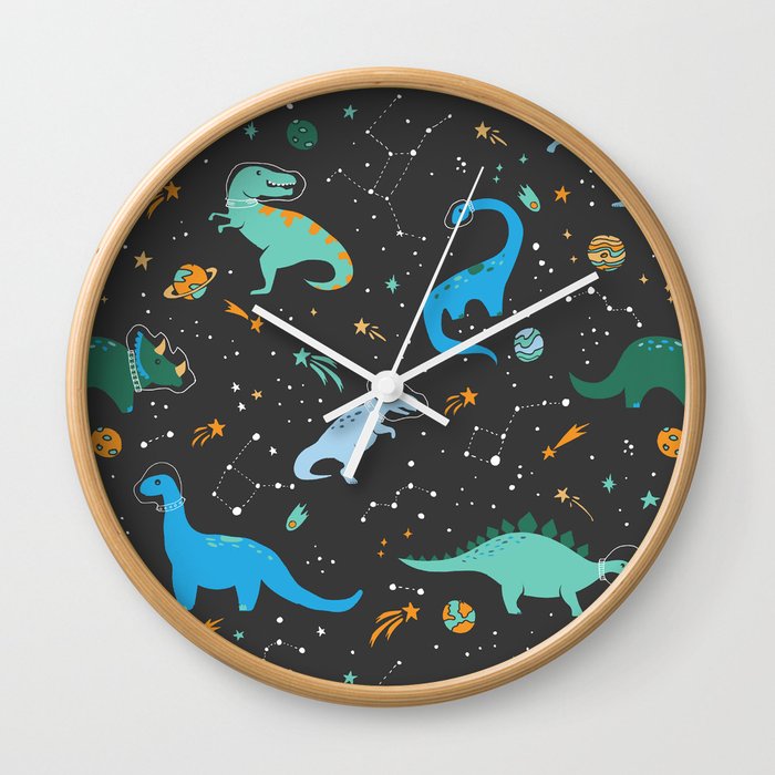 Dinosaurs in Space in Blue Wall Clock