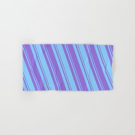 [ Thumbnail: Light Sky Blue & Purple Colored Striped/Lined Pattern Hand & Bath Towel ]