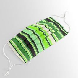 [ Thumbnail: Eyecatching Green, Chartreuse, Beige, Forest Green & Black Colored Stripes/Lines Pattern Face Mask ]