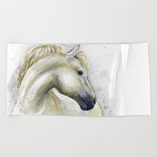 White Horse Watercolor Painting Animal Horses Beach Towel