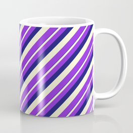[ Thumbnail: Midnight Blue, Light Yellow, and Purple Colored Striped/Lined Pattern Coffee Mug ]