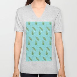 Christmas Pattern Floral Turquoise Leaf Feather V Neck T Shirt
