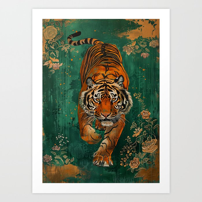Jungle Majesty: Tiger's Golden Floral Haven Art Print