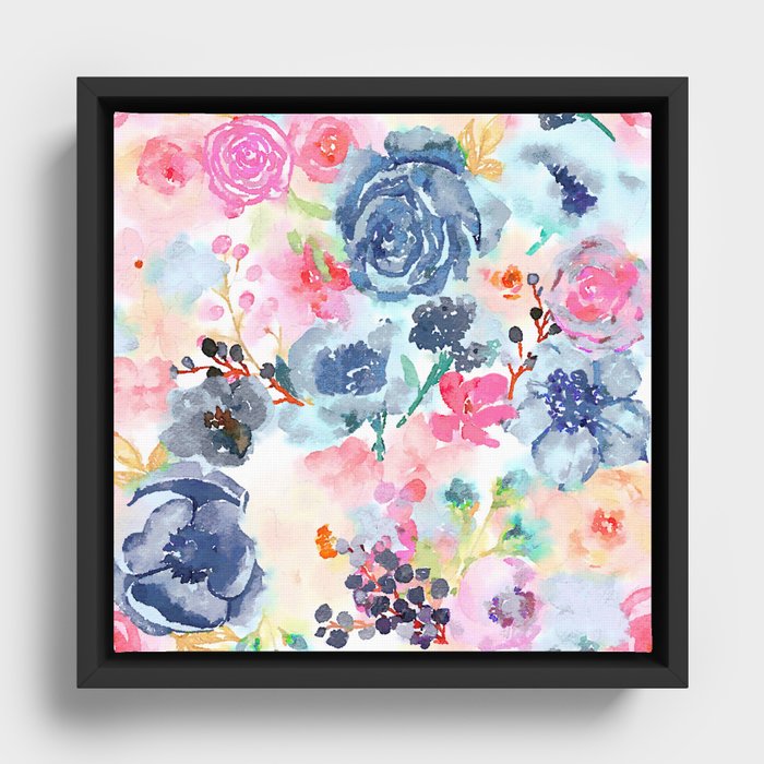 Blues and Blush Watercolor Floral  Framed Canvas