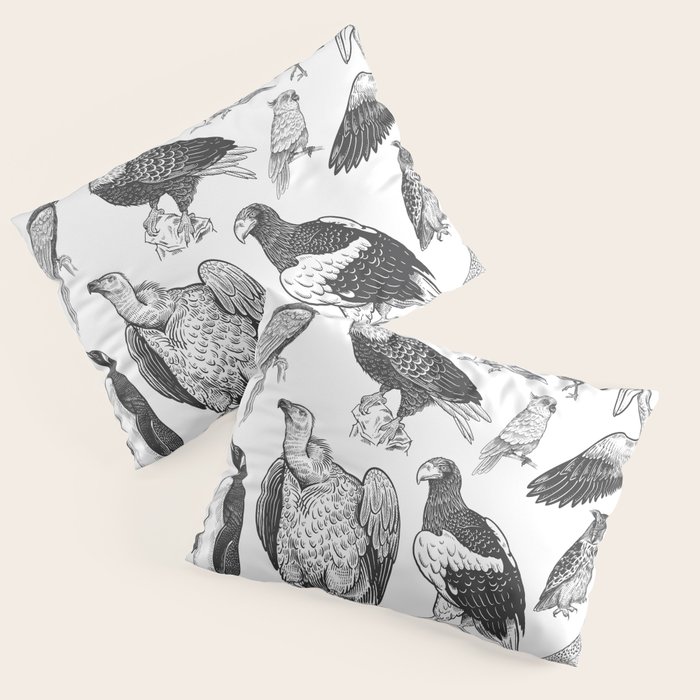 Birds of wildlife set. Eagles, owls, parrots, pelican, penguins, ibis, puffin isolated on white background. Tropical, exotic, water birds. Black white illustration. Vintage. Vintage. Realistic graphics Pillow Sham