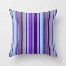 [ Thumbnail: Eye-catching Light Sky Blue, Indigo, Purple, Dark Gray & Dim Grey Colored Lines Pattern Throw Pillow ]