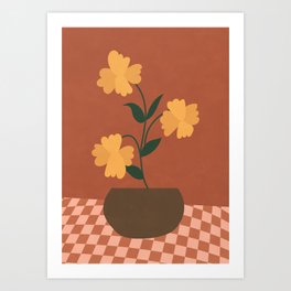 Flower Checkerboard Print on the Table, Brown Tones Art Print