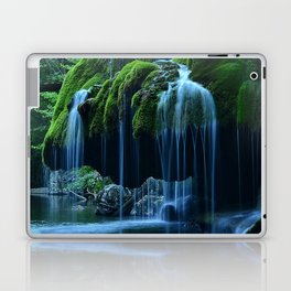 Color time-lapse photograph of waterfalls in mossy rock formation below trestle railroad bridge river nature photography - photographs Laptop Skin