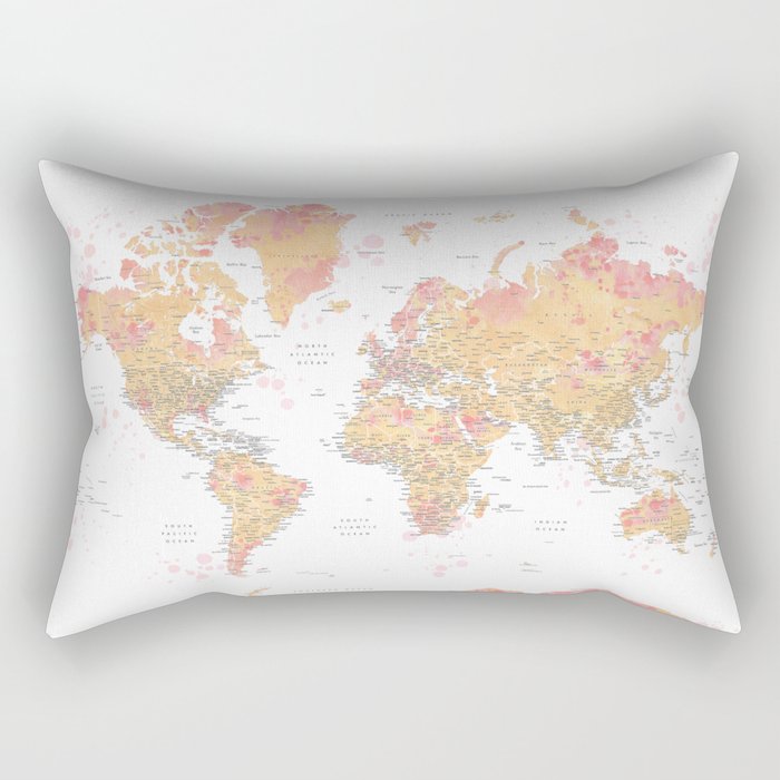 Yellow and pink watercolor world map with cities Rectangular Pillow