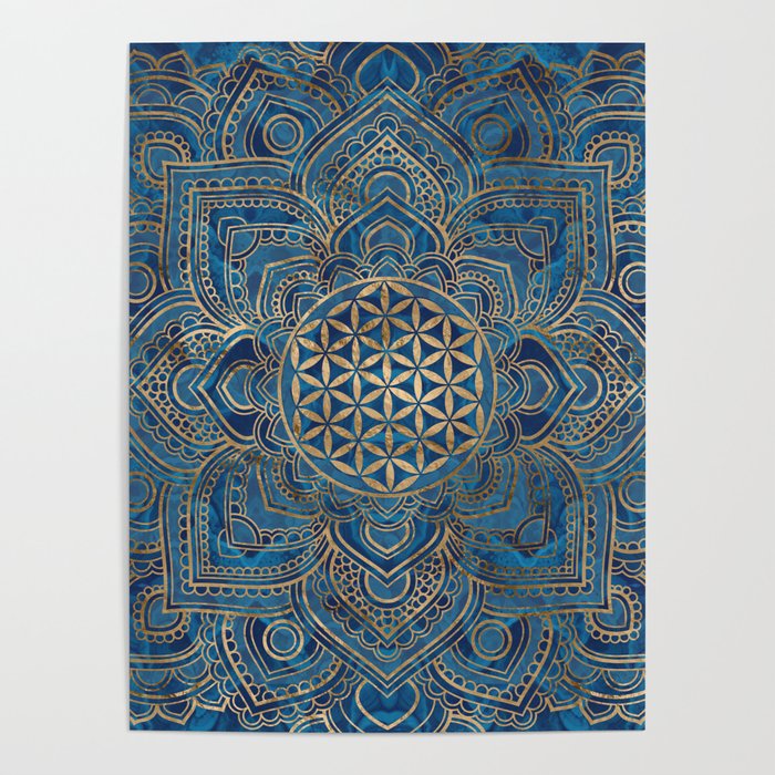 Flower of Life in Lotus Mandala - Blue Marble and Gold Poster