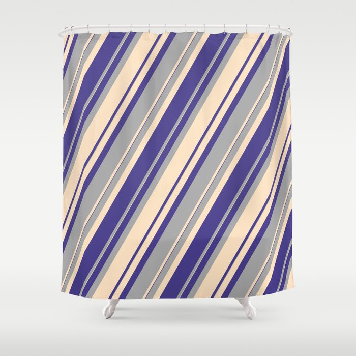 Dark Slate Blue, Dark Grey, and Bisque Colored Pattern of Stripes Shower Curtain