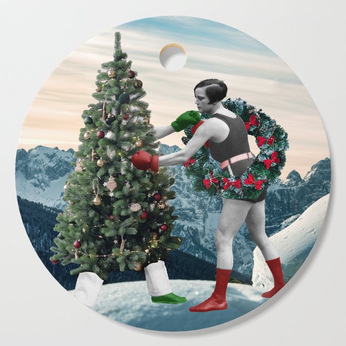 Collage Art Print of a Boxing Christmas Tree and a Female Boxer "Deck Those Halls" Cutting Board